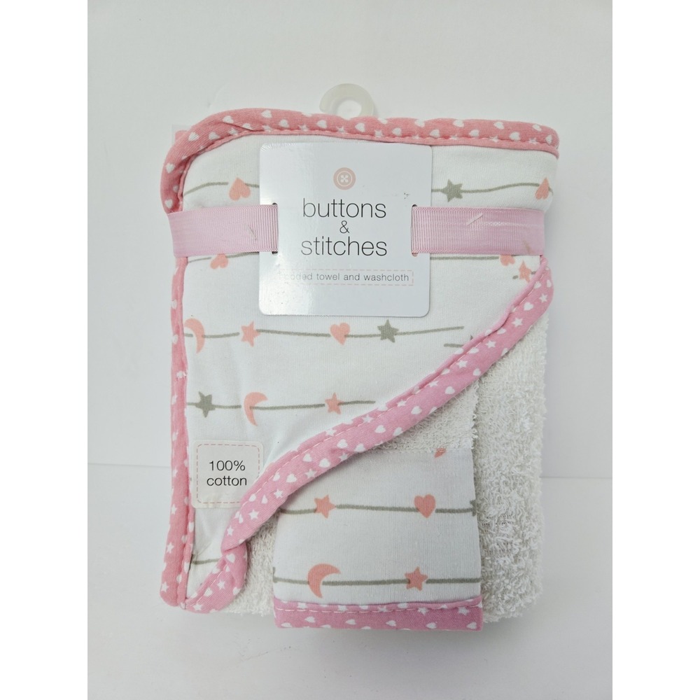 Baby Girls Buttons & Stitches Heart Hooded Bath Towel and washcloth NEW‎ x2